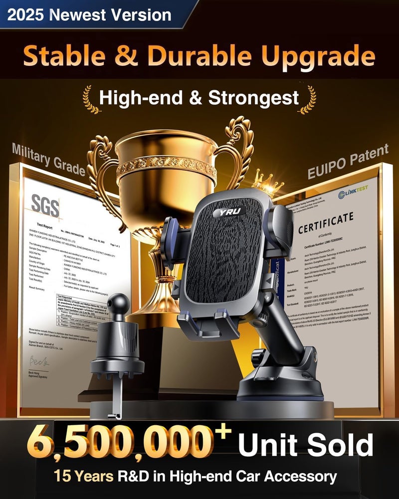YRU True Military-Grade [360° Rotation Suction] 2025 Ultimate Car Phone Holder Mount 【90+LBS Safest Strongest & Patent Certs】 Dashboard Windshield Vent for iPhone 17 16 Pro Max Samsung, Jet Black - Image 2